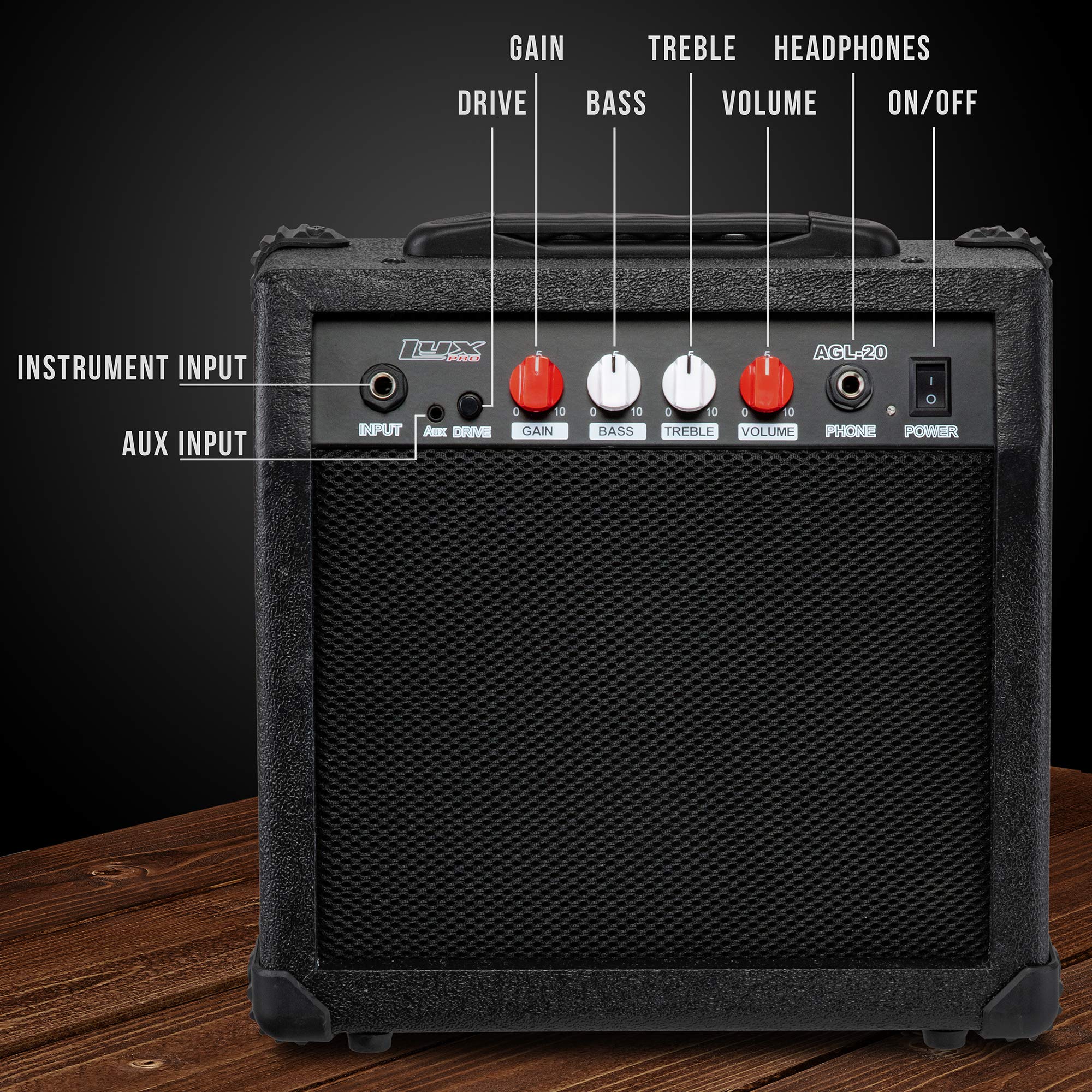 LyxPro Electric Guitar Amp 20 Watt Amplifier Built in Speaker Headphone Jack and Aux Input Includes Gain Bass Treble Volume and